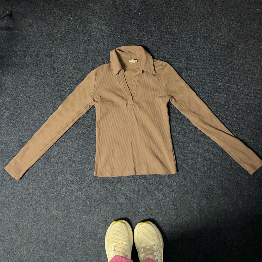Brown Ribbed Long Sleeve Collared Top